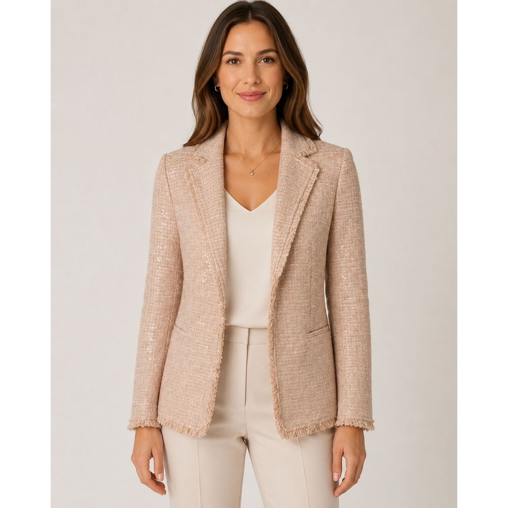 Chico’s Party Tweed Sequin Blazer Pink Size 0 US 4 NWT Frayed Trim Jacket